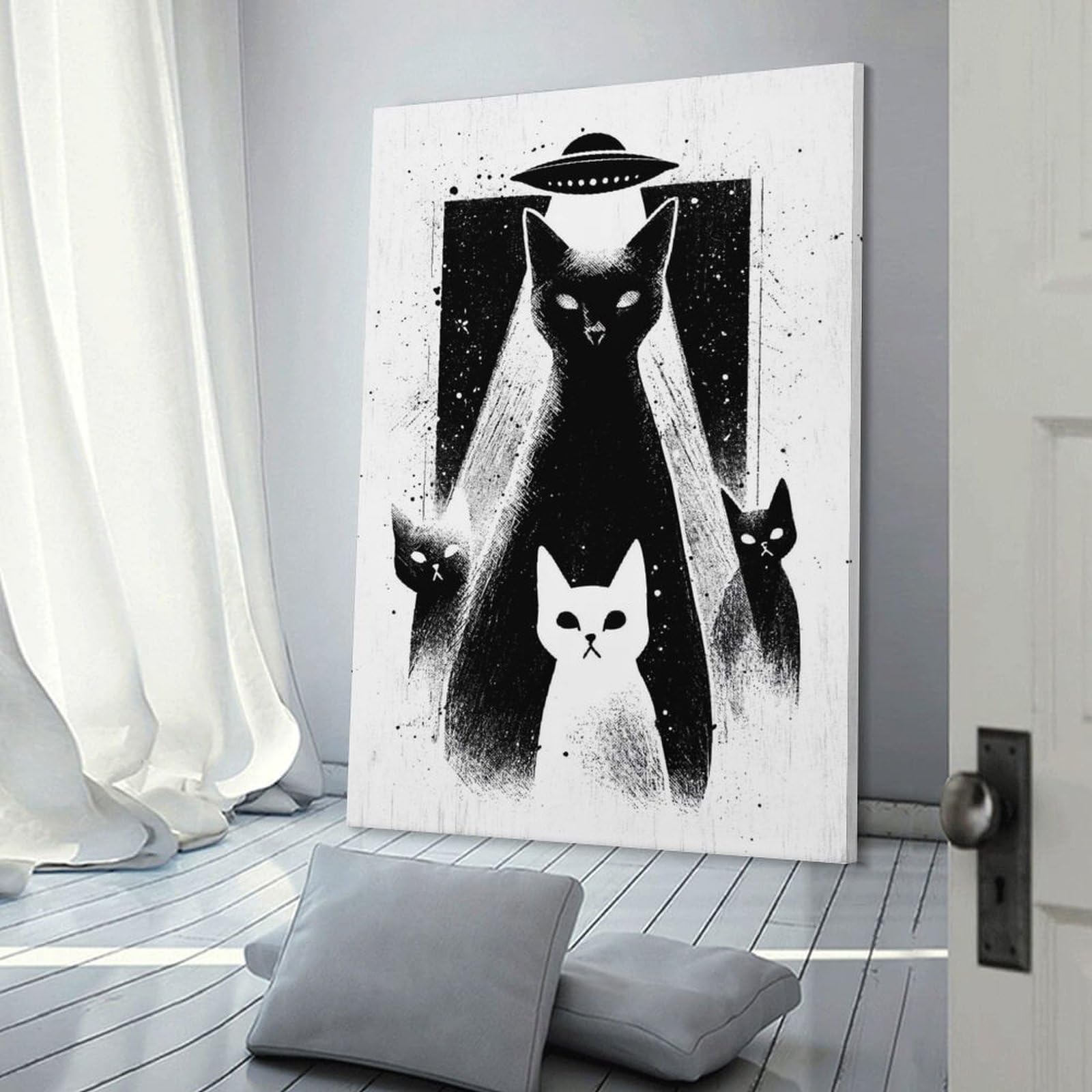 Junmoney Alien Cats Abduction Black And White Decorative Canvas Print, 24x36inch(60x90cm), for Home, Office, Studio Or Guest Room, Canvas Wall Art That Fits Changing Layouts
