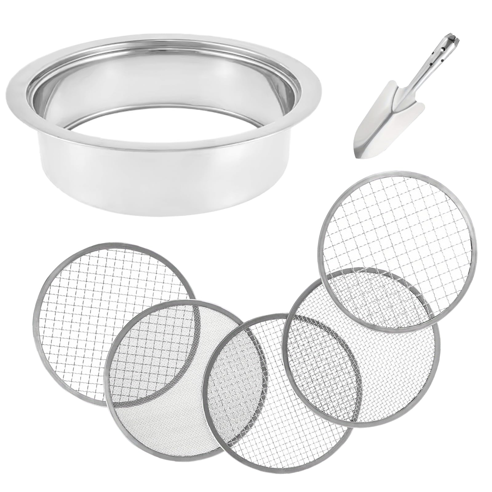 Juego de colador de jardín de acero inoxidable redondo de 20 cm con 5 tamices intercambiables y paleta, diámetro de 1, 3, 5, 7, 9 mm, colador de compost de acero inoxidable para tierra, piedras