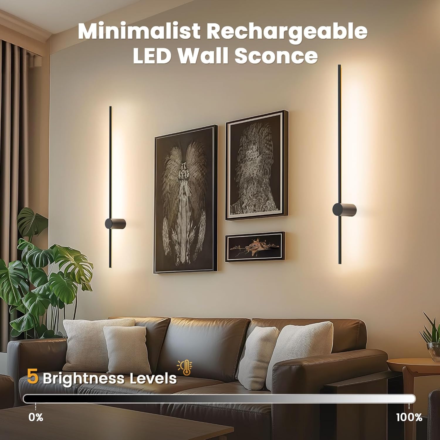 NIORSUN 35.4 Inch Battery Operated Wall Sconce Set of 2,Black Minimalist Rechargeable LED Wall Lights with Remote, 10 Colors Dimmable Wireless Wall Sconce for Living Room Bedroom Hallway