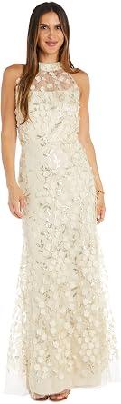 R&M Richards Long Halter Dress Embellished W/ 3D Flower & Sequins