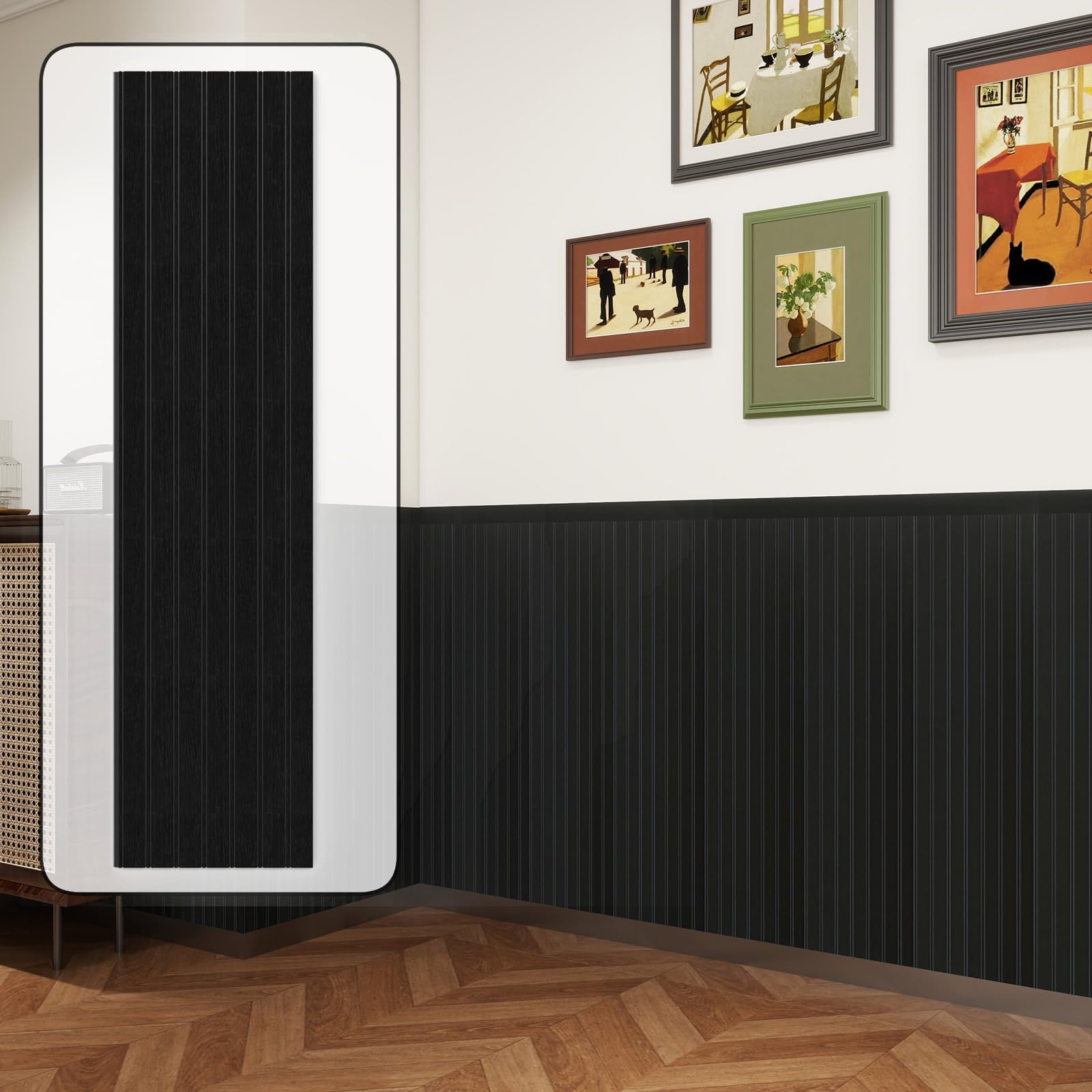 Wall Wainscoting Panel Kit,8-Pack 38.6"x9.8"(98x25cm) Slat Panels with 2-Pack Molding Trims,Beadboard Board and Batten Panels,DIY Wall Panel Kit - Cover 21.6 Sq.Ft (Black)