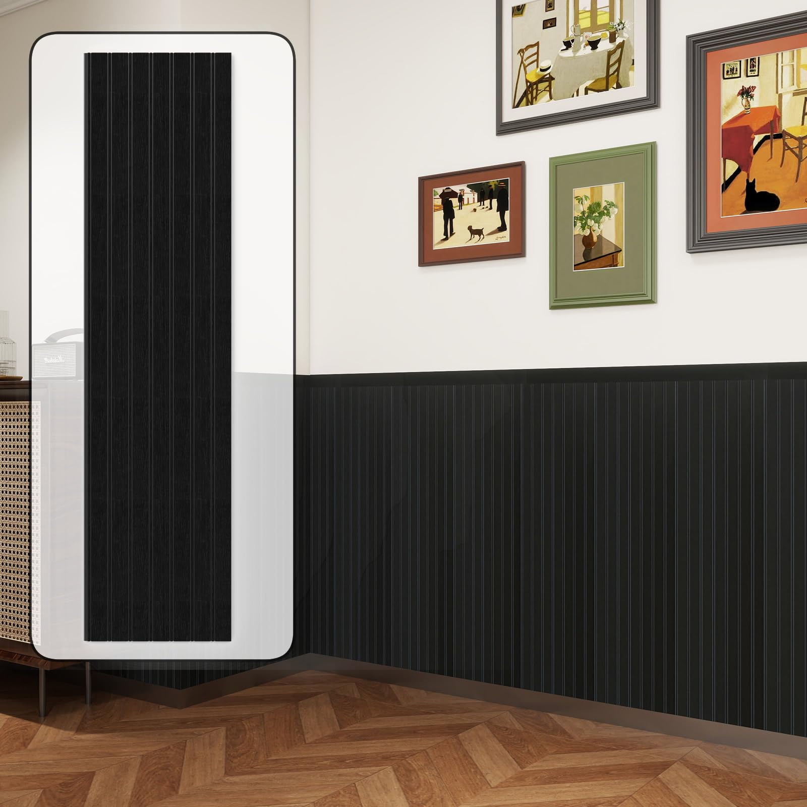 Wall Wainscoting Panel Kit,8-Pack 38.6"x9.8"(98x25cm) Slat Panels with 2-Pack Molding Trims,Beadboard Board and Batten Panels,DIY Wall Panel Kit - Cover 21.6 Sq.Ft (Black)