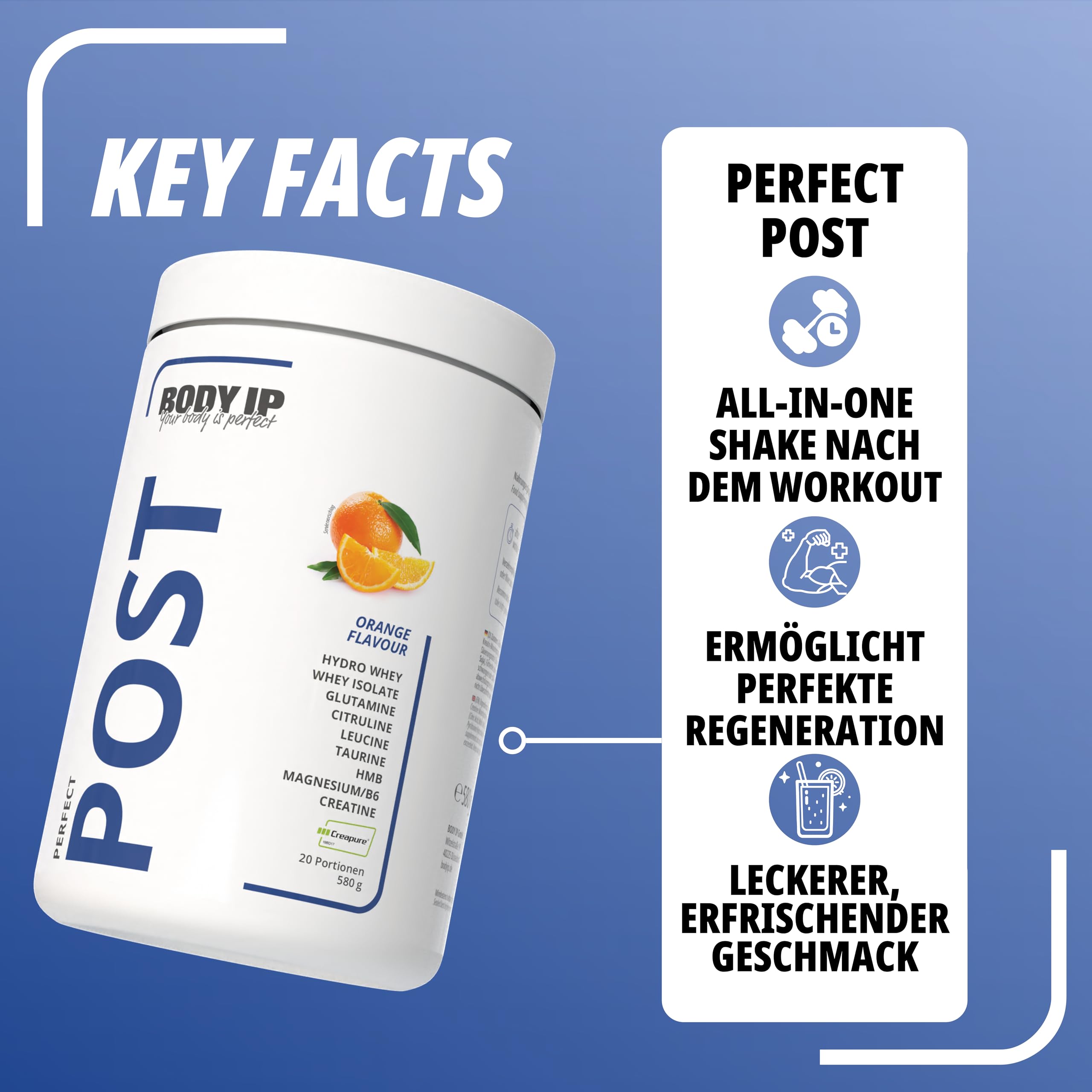 BODY IP Perfect Post 2.0 | Orange | Post Workout Shake 580g | Enthält EAAs, Glutamin, Leucine, Citrullin, Taurin, HMB, Magnesium & Vitamin B6 und 3,4g Creatine Monohydrat pro Portion