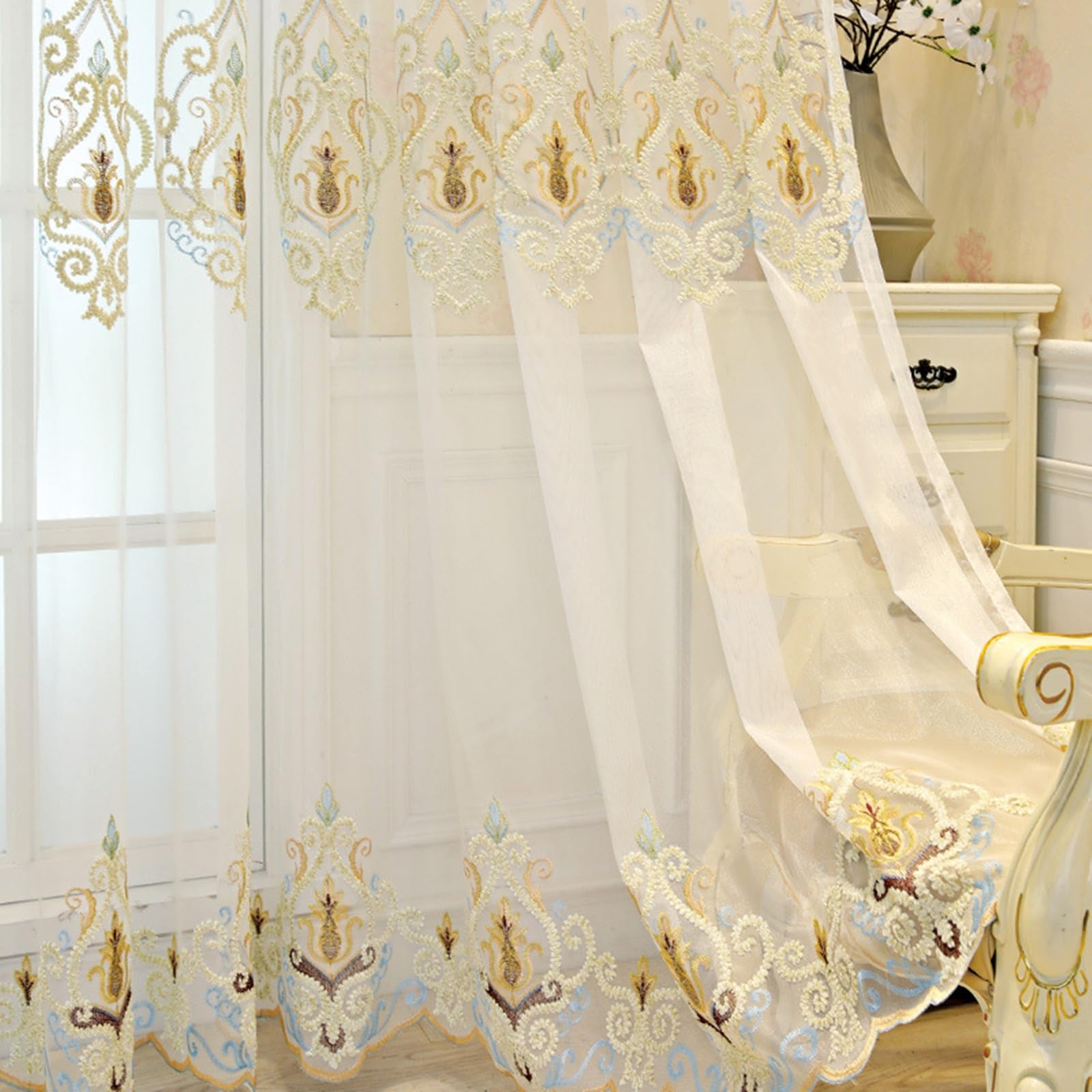 Voilage interieur 137x274 cm contre le vis-à-vis avec broderie florale vintage lot de 2
