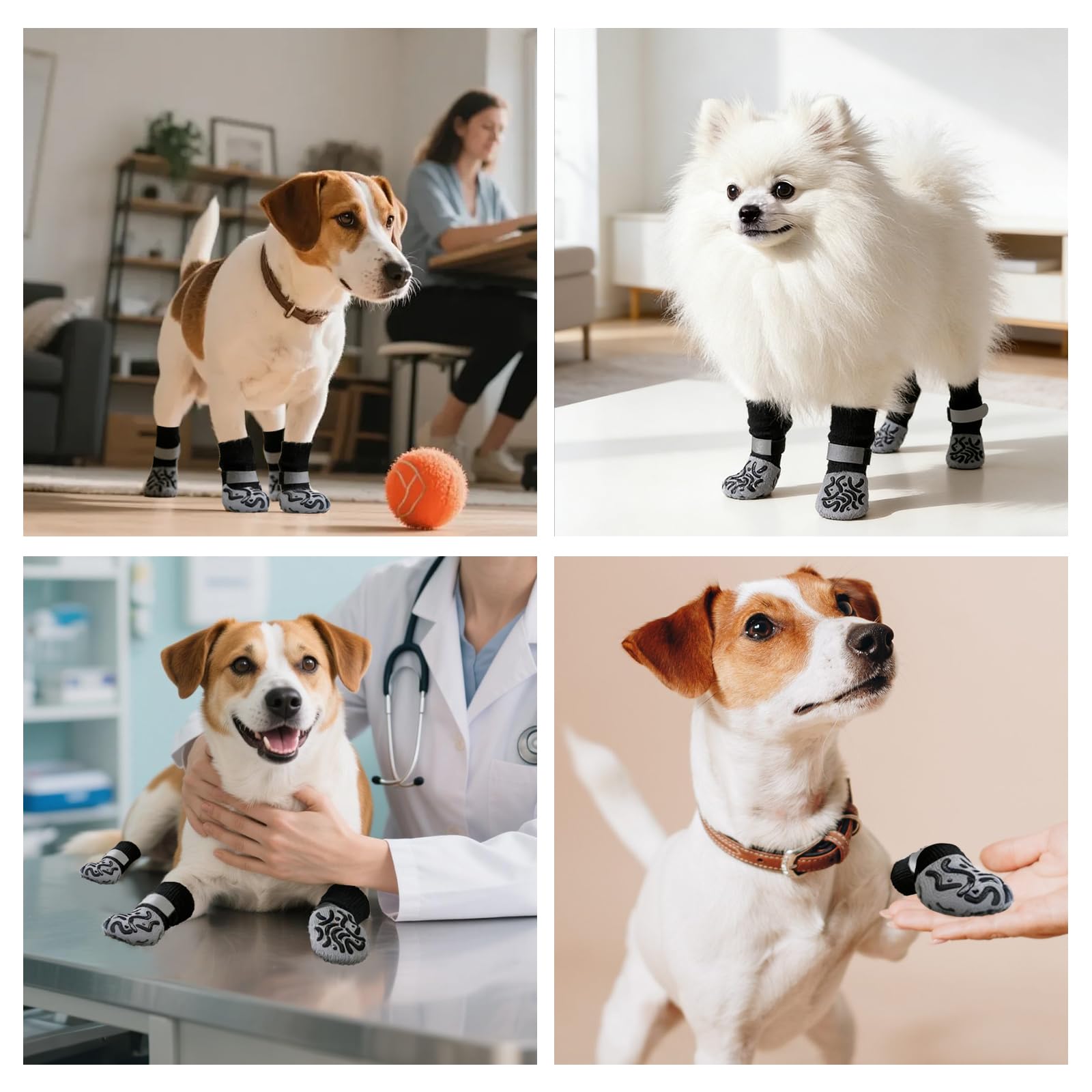 4 Paia Calzini Antiscivolo, Scarpe per Cani Protezioni per Le Zampe Regolabili Tramite Cinturini,Ideali per Uso Interno Ed Esterno, Calzini per Cani Taglia Piccola Media (S)