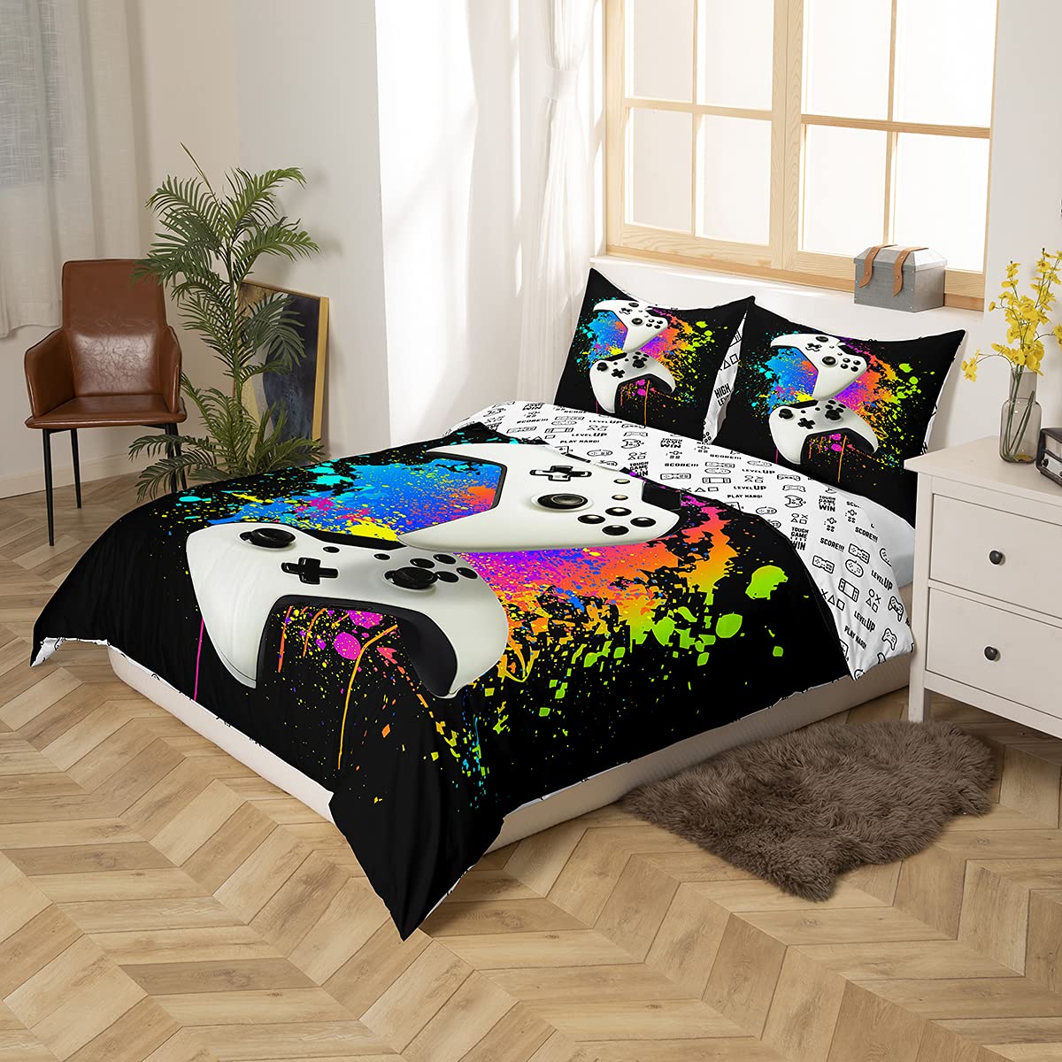 Loussiesd Modern Spiele Bettbezug Set Kinder Jugend Aquarell Graffiti Videospiel Bettwäsche 135x200cm Weiß Gamepad Spritztinte Tie Dye Betten Set mit 1 Kissenbezug Reißverschluss Sanft Mikrofaser