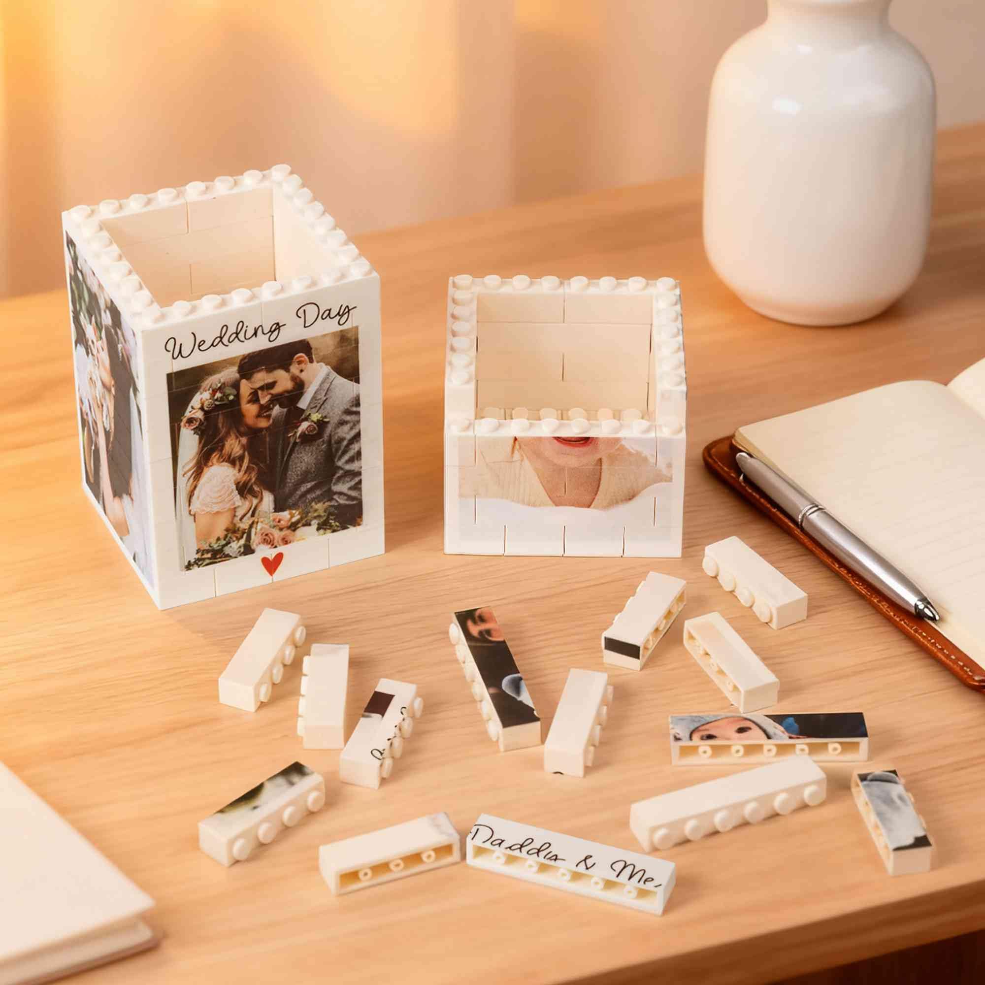 Porte-crayons personnalisé en briques avec photo, texte et images personnalisés - Organiseur de bureau créatif - Boîte à crayons - Fournitures de bureau à domicile - Cadeau pour homme, femme, papa