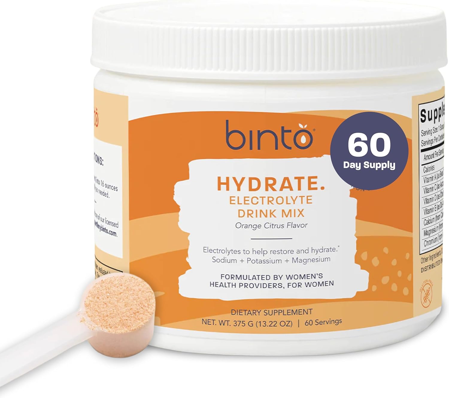Binto Hydrate Electrolyte Drink Mix - Citrus Flavor - Sugar Free Hydration Powder for Women with L-Glutamine and Essential Electrolytes - Scoop Included for Convenience and Exact Portioning