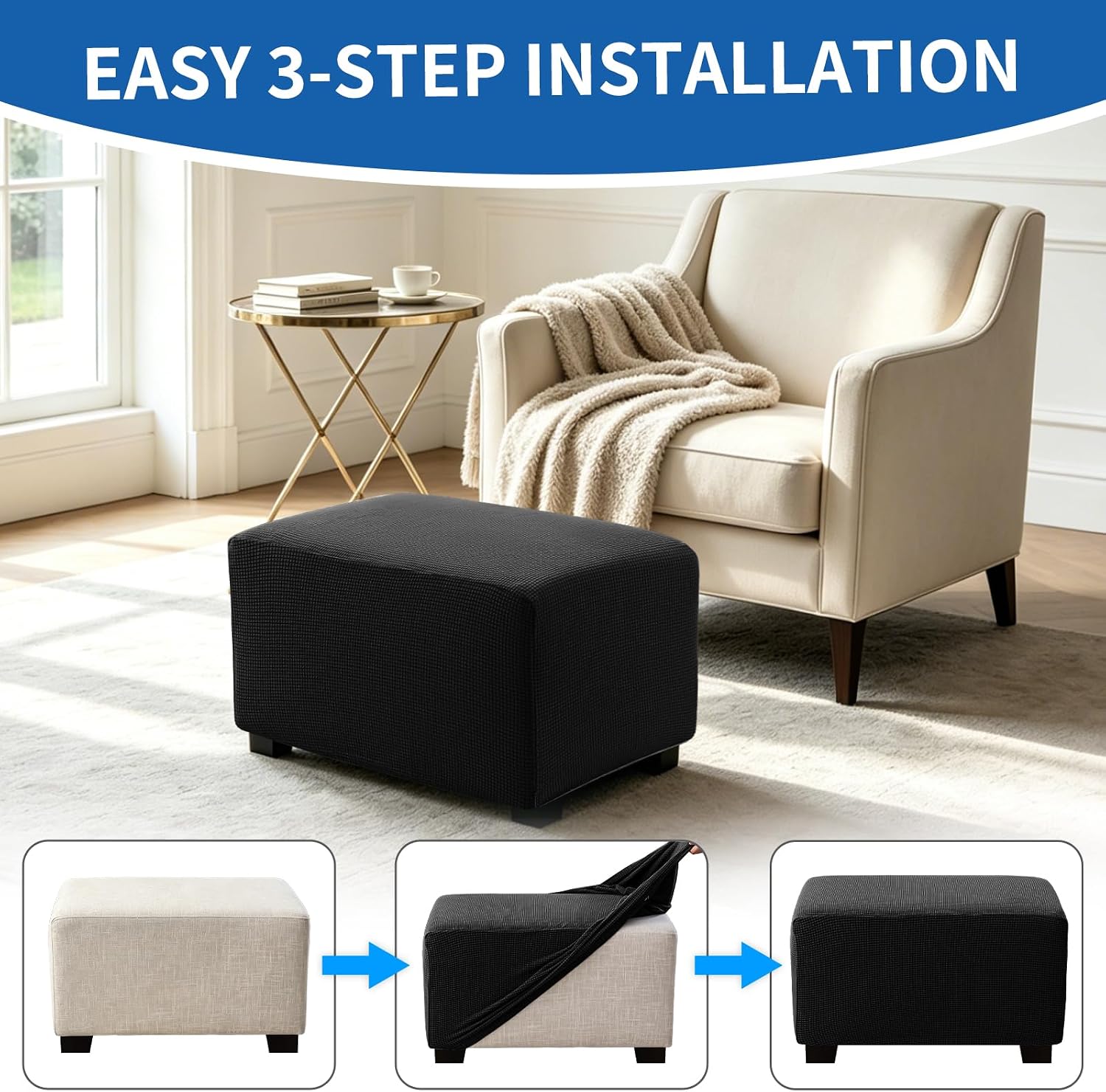 Ottoman Covers Ottoman Slipcovers Folding Storage Stool Washable Furniture Protector,Elastic Foot Stool Foot Rest Protector for Living Room Bedroom,Large,Black