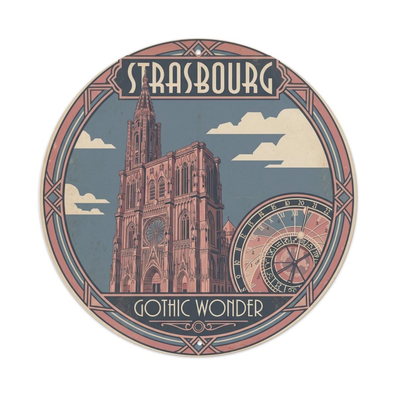 Vintage Travel Strasbourg France Cathedral Metal Tin Sign Plaque Wall Decor for Cafe, Club Bar, Office, Home Garden Round Metal Poster 8x8Inch