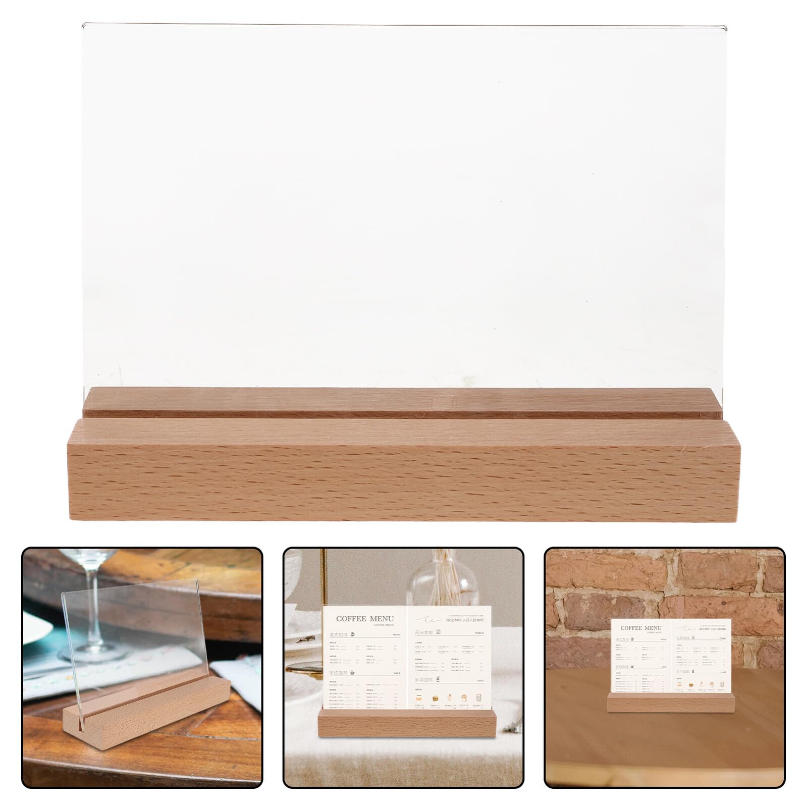 NOLITOY Soporte para Letreros de Mesa Horizontal de Madera Natural con Base Triangular T Acrílico Transparente Tamaño A6 5 Unidades Adecuado para Menús Restaurantes y Oficinas