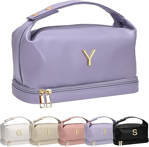 Vista 80 de Regalos Vogewood para mujeres, bolsa de maquillaje personalizada con asa, bolsa de cosméticos inicial de doble capa con organizador de brochas