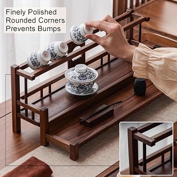 Solid Wood Chinese Tea Cup Holder, Tea Set Storage Rack, Desktop Decoration Teaware Storage Shelf For Living Room Kitchen Office,No Assembly Required(C-50x16x27.5cm)