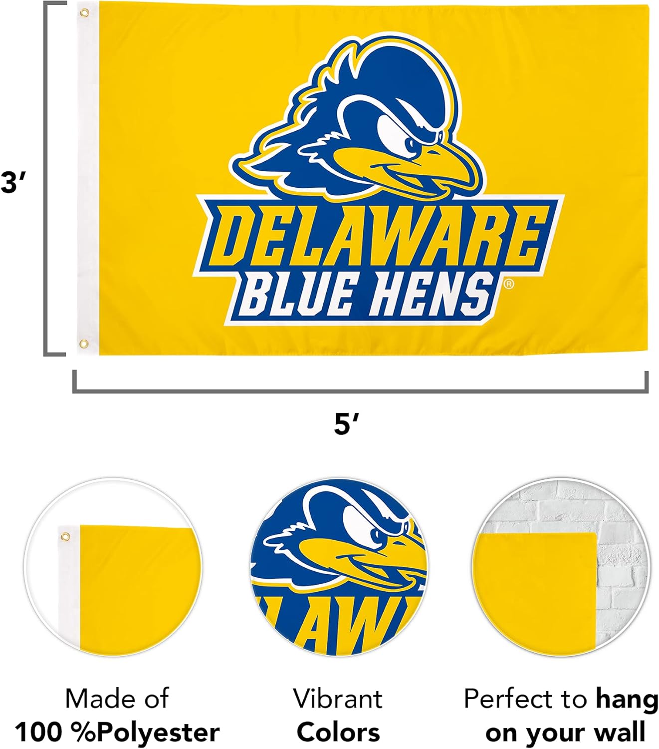 Desert Cactus University of Delaware UD Flag - 3 x 5 Feet Fightin Blue Hens Banner, Indoor/Outdoor Durable Fabric, 100% Polyester Design (Yellow) - Image 2