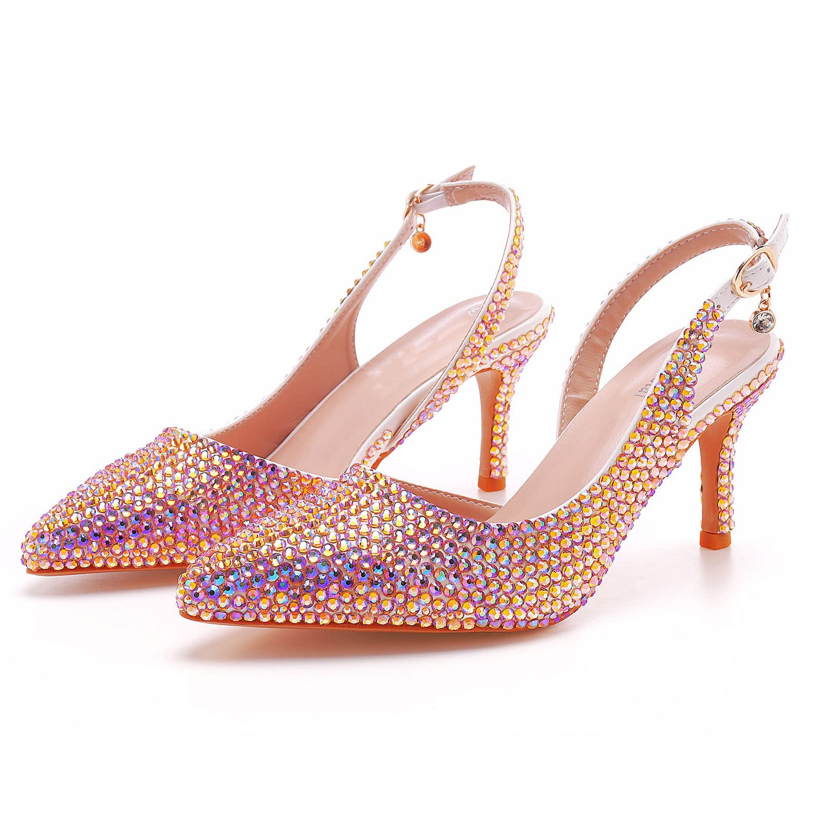 Escarpins Femme Talon 7.5cm - Strass - Bout Pointu - Slingback - Pour Mariage, Soirée - Taille 37-43