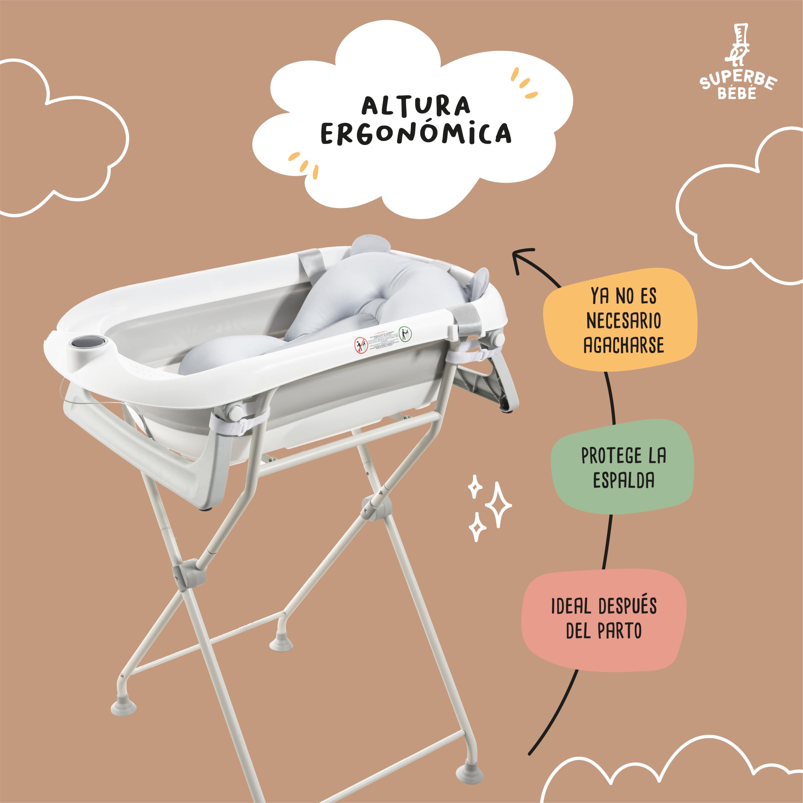 SUPERBE BEBE Soporte plegable para bañera, gris, compatible con las bañeras LEAF y CLOUD, modelo MAXIDO, kit de drenaje incluido
