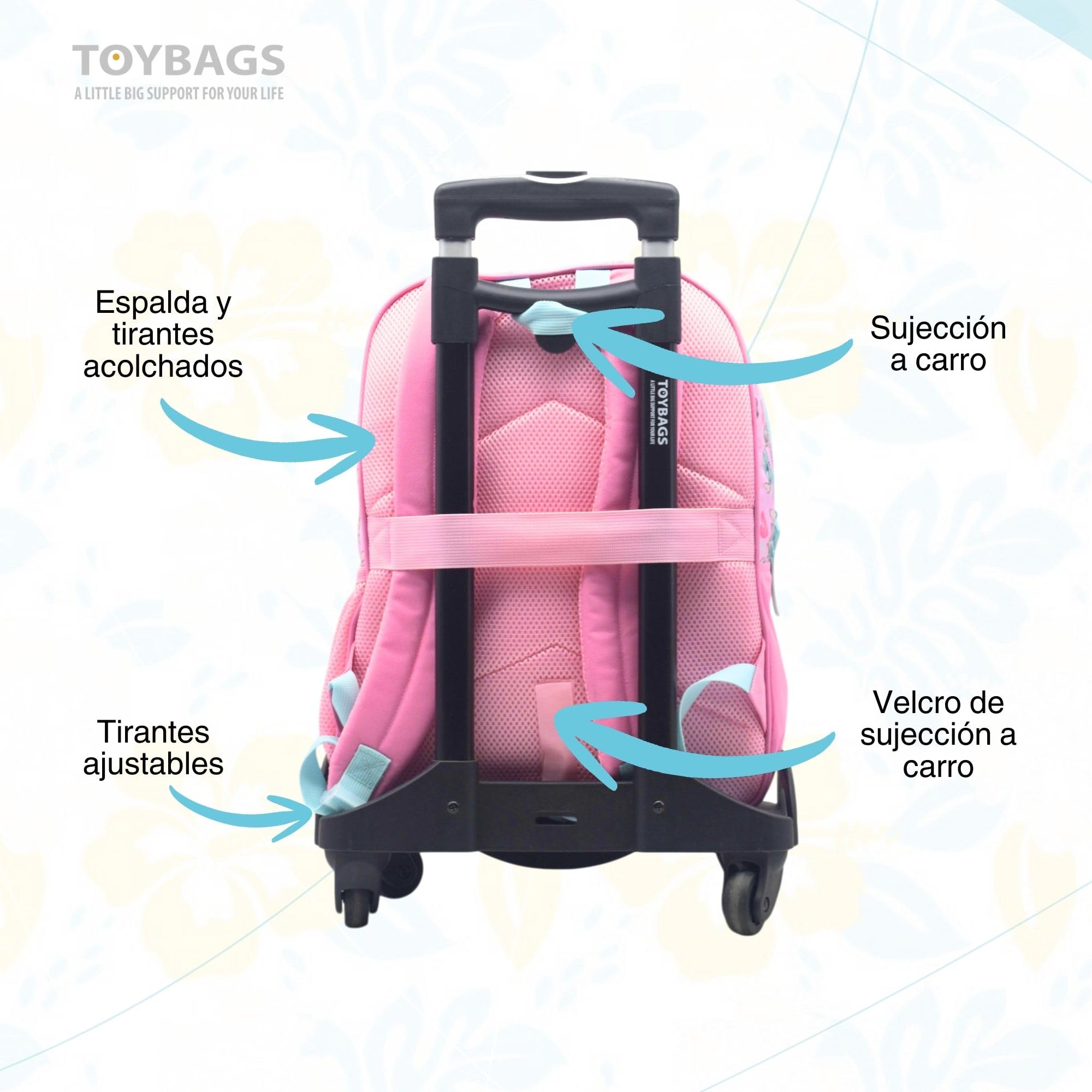 Mochila Escolar Angel & Stitch - Doble Compartimento - CON ACCESORIO CORAZON + CARRO NEGRO TOYBAGS CON PROTECCION LATERAL Y STOPER FRONTAL 4 ruedas giratorias - 44.5 X 32 X 21 CM