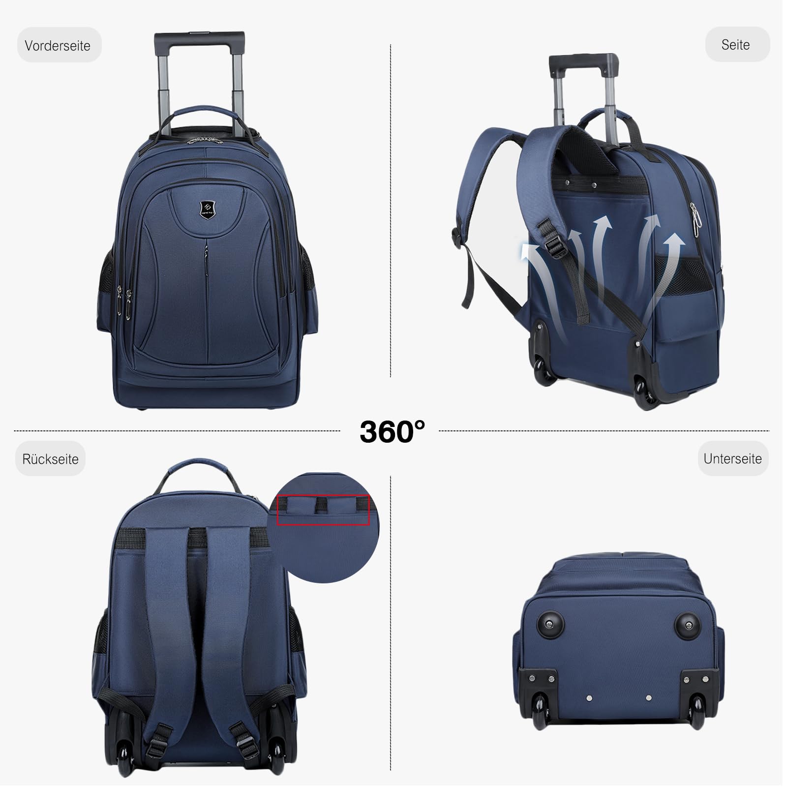 FANDARE 35L Laptop-Trolleys Herren Rollerrucksack 2 IN 1 Business Wandlungsrucksack Reiserucksack mit Rollen Trolley-Rucksack Rollen Handgepäck Notebook bis 15.6 Zoll Arbeit Aaktenkoffer Schwarz