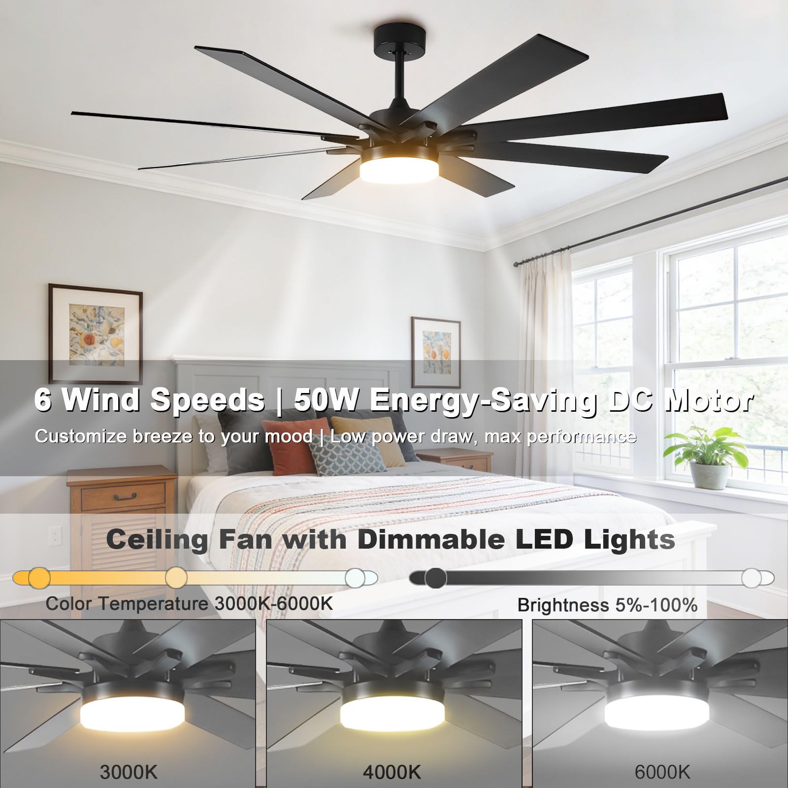 Ventilatore da soffitto Silenzioso per Interni con Luce LED dimmerabile, 72 Pollici, Controllo Intelligente Tramite Telecomando/App/vocale, 6 velocità, Colore Nero Moderno, Ideale