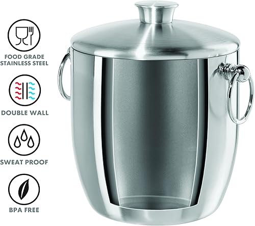 Vista 2 de OGGI Double Wall Stainless Steel Ice Bucket - Insulated Ice Bucket with Elegant Steel Lid, Classic Handles & Stainless Steel Ice Tongs - Great for