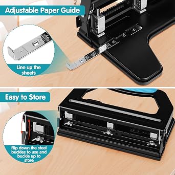 AFMAT 3 Hole Punch Heavy Duty, 9/32 Holes, 50-Sheet Hole Puncher 3 Ring, 50% Reduced Effort, Adjustable Two & Three Hole Punch, Metal Paper Puncher w/Large Chip Tray, Metal Paper Guide, Black, HP18