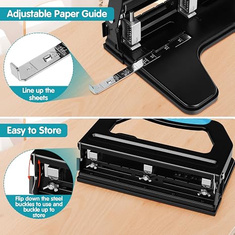 AFMAT 3 Hole Punch Heavy Duty, 9/32 Holes, 50-Sheet Hole Puncher 3 Ring, 50% Reduced Effort, Adjustable Two & Three Hole Punch, Metal Paper Puncher w/Large Chip Tray, Metal Paper Guide, Black, HP18