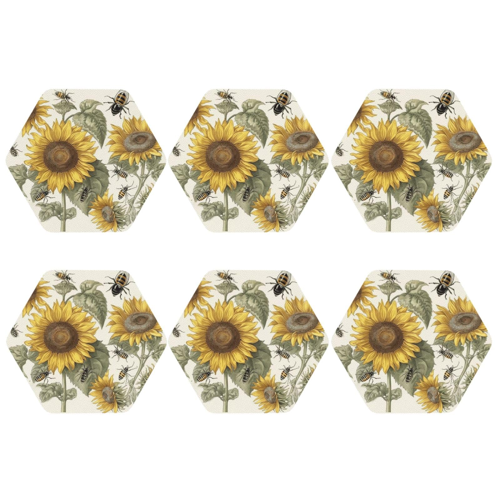 6pcs Leather Coasters for Drinks, Sunflowers and Insects Drink Coasters for Tabletop Protection, 4" Cup Coasters for Coffee Table Decor, Non-Slip Drinking Cup Mat for Hot Or Cold Drink