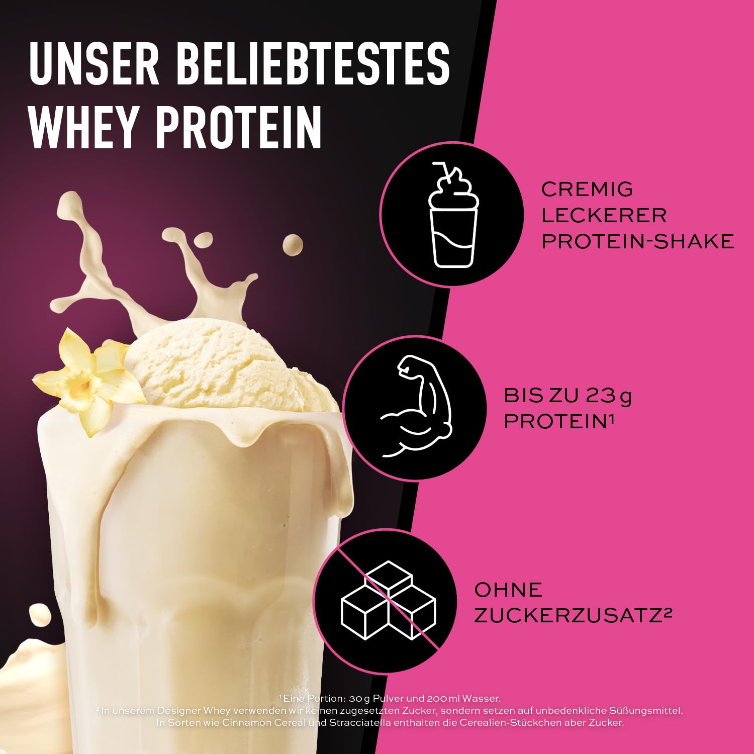 ESN Designer Whey Proteinpulver + Gratis Shaker, Vanilla Ice Cream, 2 x 1 kg, bis zu 23 g Protein pro Portion, ideal zum Muskelaufbau und -erhalt - made in Germany