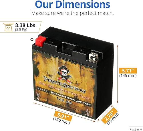 Miniatura 3 de Pirate Battery YT14B-BS 12V 145 CCA AGM  Batería libre de mantenimiento de 12 Ah para moto deportiva, cuatrimoto, moto acuática, scooter  Terminal