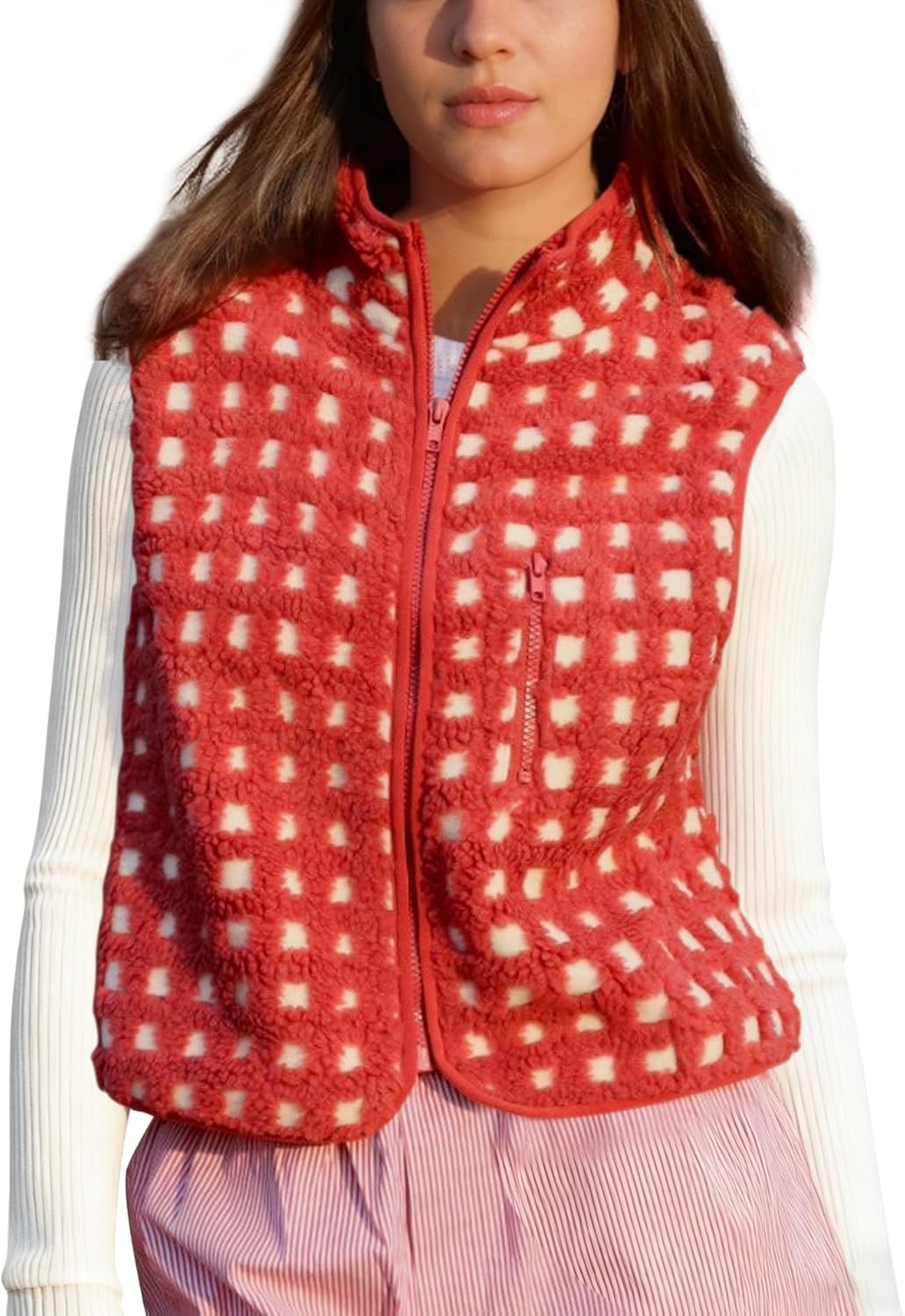 Songling Women's Checkered Sherpa Vest Fleece Winter Sleeveless Coat Zip Front High Neck Plaid Gilet with Chest Pockets