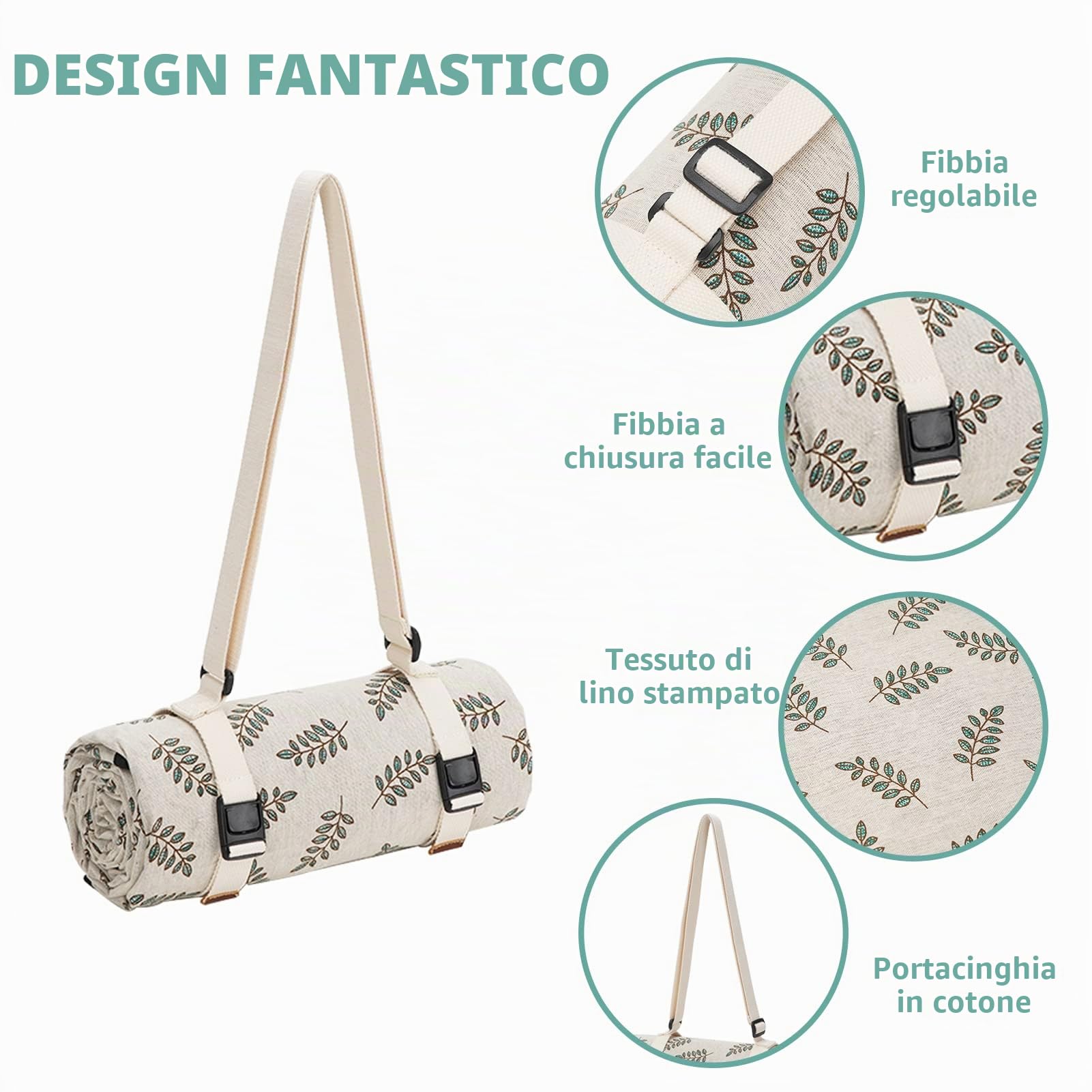WILLOW WEAVE Coperte da picnic coperte da campeggio lavabili coperte di emergenza cestini da picnic accessori con retro impermeabile e tracolla - foglia