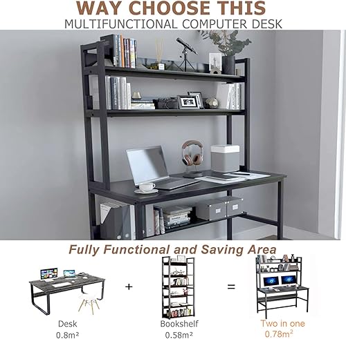 Miniatura 8 de Aquzee Escritorio para computadora con gabinete y estanterías, gran espacio para las piernas, escritorio negro de 47 pulgadas de ancho con estantes