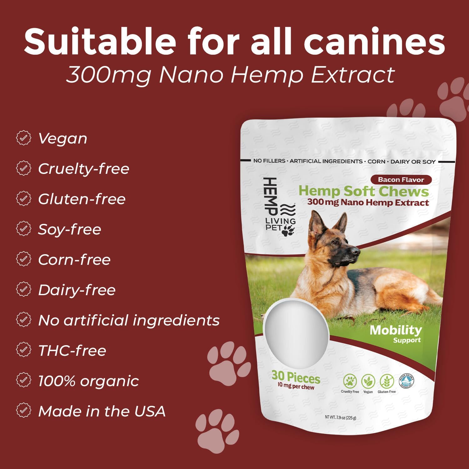 Calming Dog Chews, Hip & Joint Chews for Dogs, Organic Hemp Protein for Ease Joint Discomfort & Mobility, Glucosamine for Dogs Hip & Joint Chew, Soft Bacon Flavor Chews (Mobility Bacon Flavor)