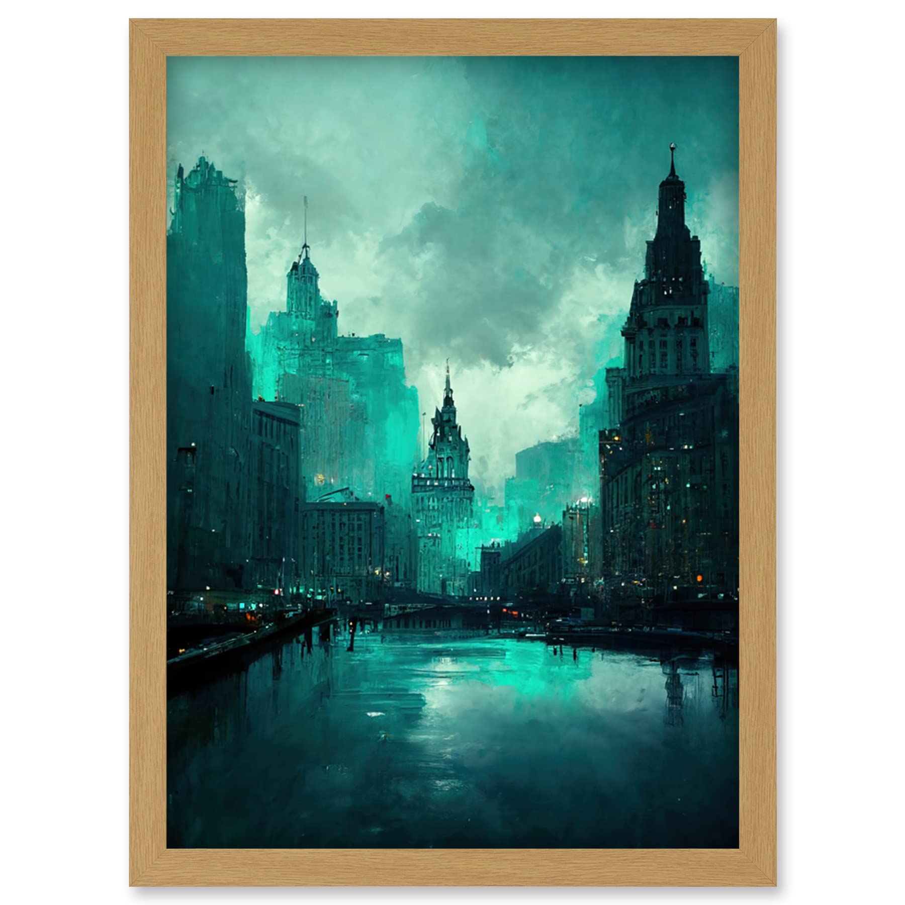 Doppelganger33 LTD Winter Teal New York Hudson River Cityscape Artwork Framed Wall Art Print A4