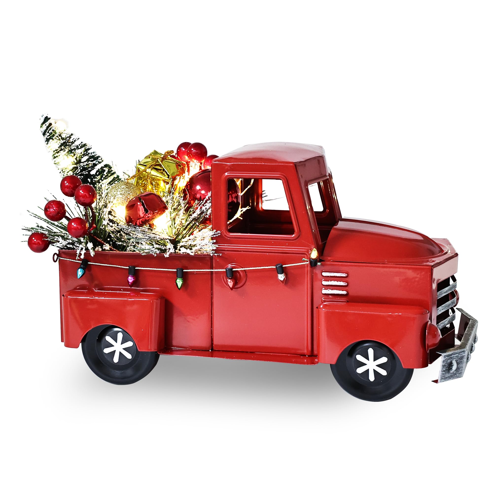 Jusdreen Vintage Red Truck Christmas Décor with Snow Flocked Christmas