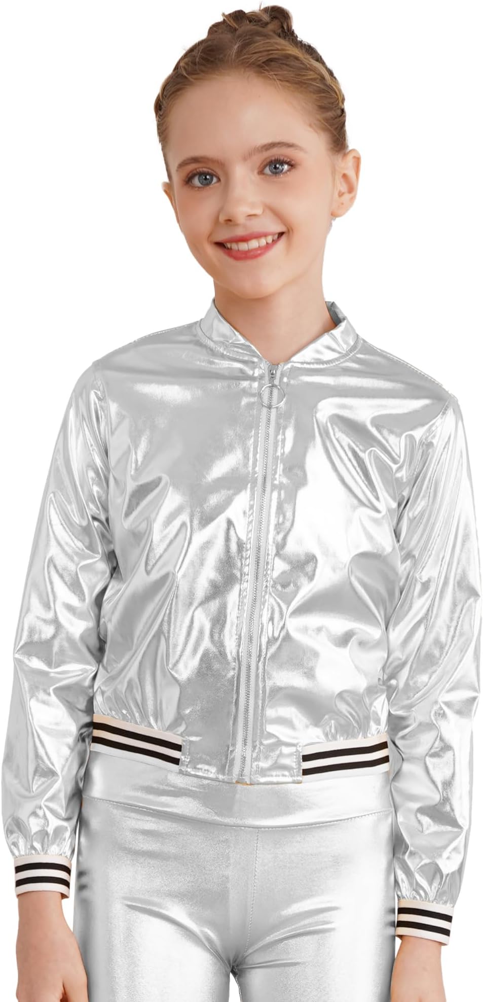 CHICTRY Girls Boys Shiny Metallic Baseball Jacket Long Sleeve Bomber Jacket Jazz Hip-hop Street Dance Coat Outerwear Clubwear