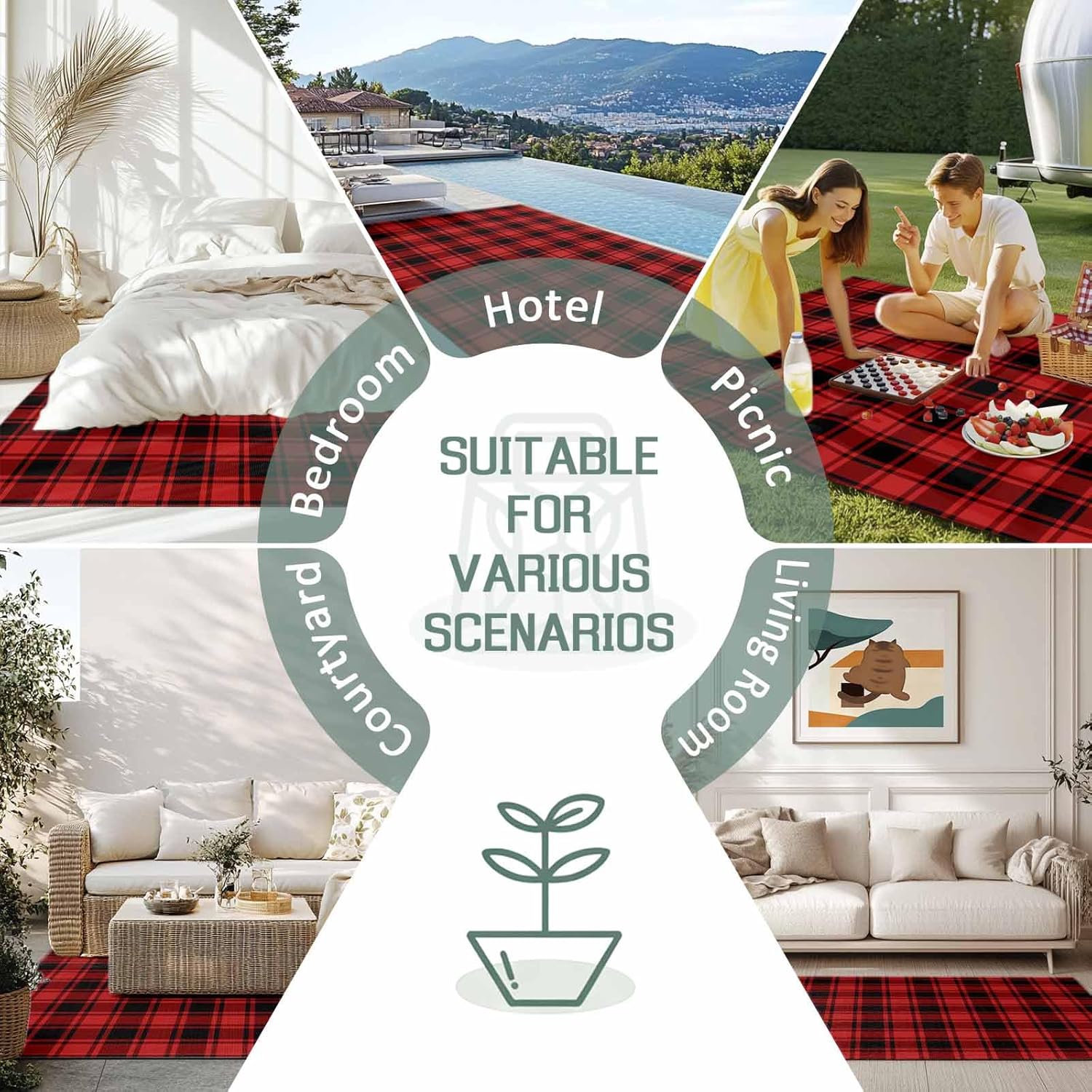 Outdoor Rug 4x6 ft Red Black Buffalo Plaid Outdoor Large Area Rug Non Slip Rubber Classic Checkered Front Door Mat RV Rug Camping Carpet Patio Outdoor Rugs for Backyard Balcony Deck Porch Indoor