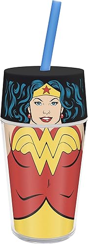 Miniatura 3 de Zak! Designs Vaso aislado icónico con tapa atornillada y pajita con gráficos Wonder Woman, construcción de doble pared, plástico libre de BPA, 13 oz.