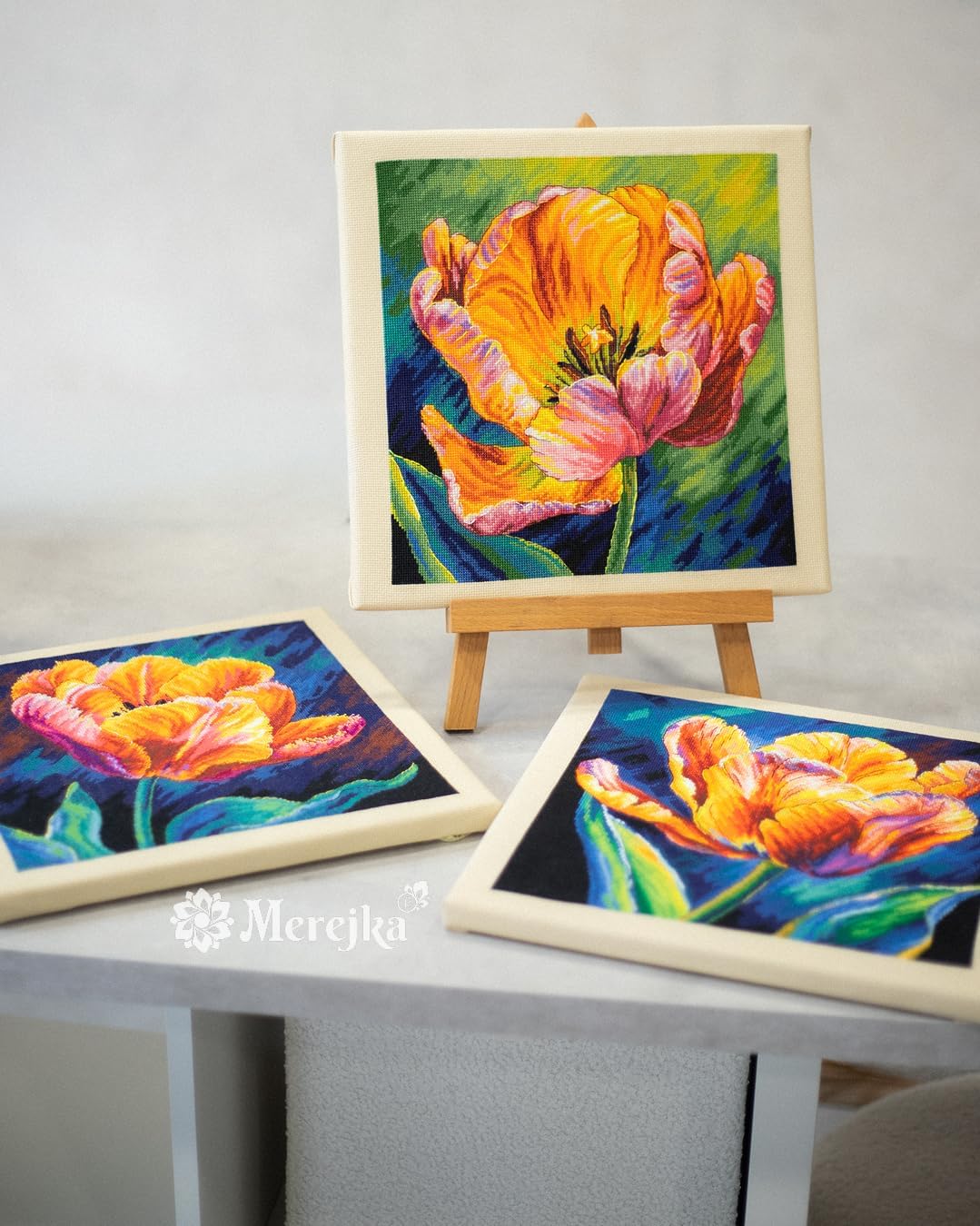 Merejka Counted Cross Stitch Kit – Spring Awakening: Radiance, Tulip Flower Design (K-300) – Zweigart Aida 16, DMC Threads, 29 Colors – Finished Size 10.6 x 10.6 in (27 x 27 cm)