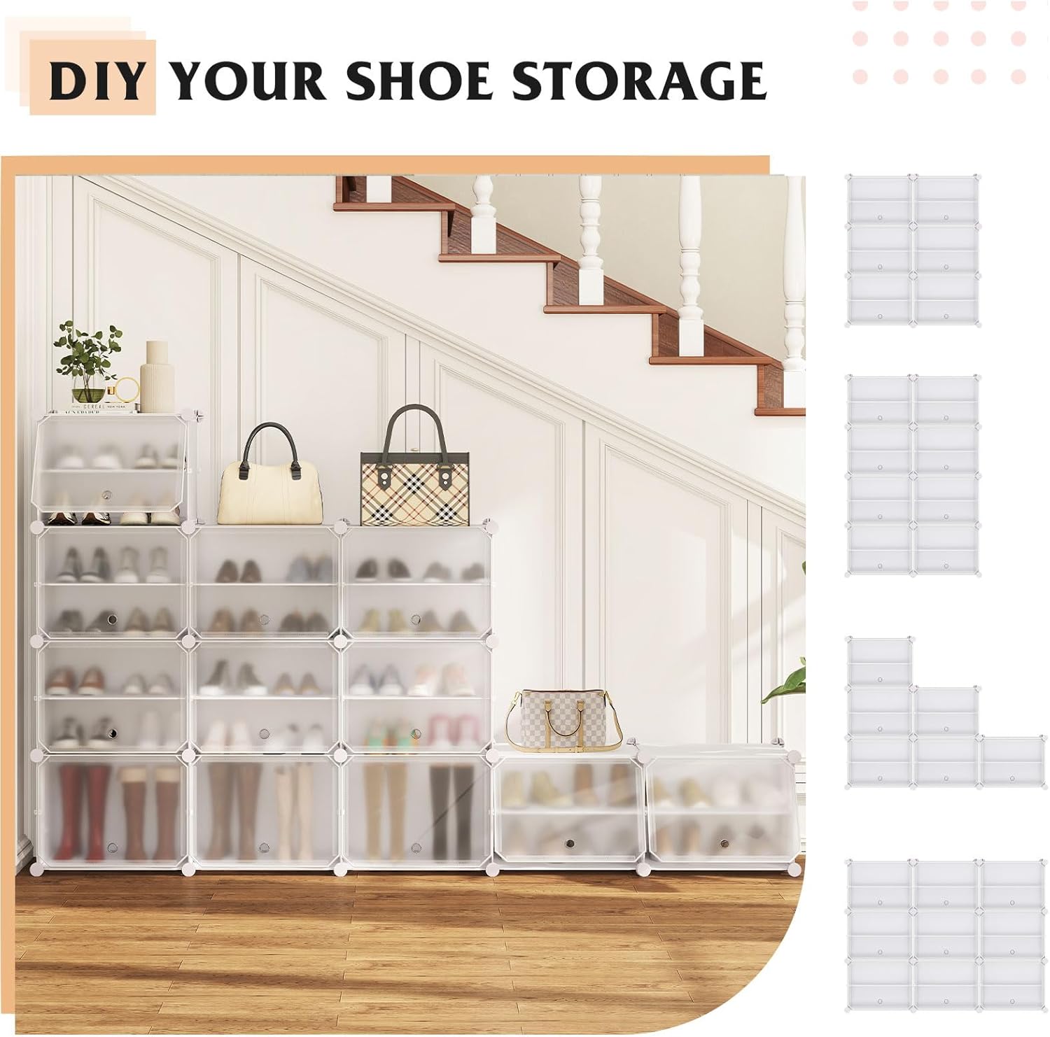 Tangkula 48 Pairs Shoe Rack Organizer, 12-Cube Shoe Storage Cabinet with Removable Shelf, 5 Hanging Hooks, DIY Shoe Shelves with Doors, 24 Tiers Free Standing Shoe Tower Rack for Entryway (White)