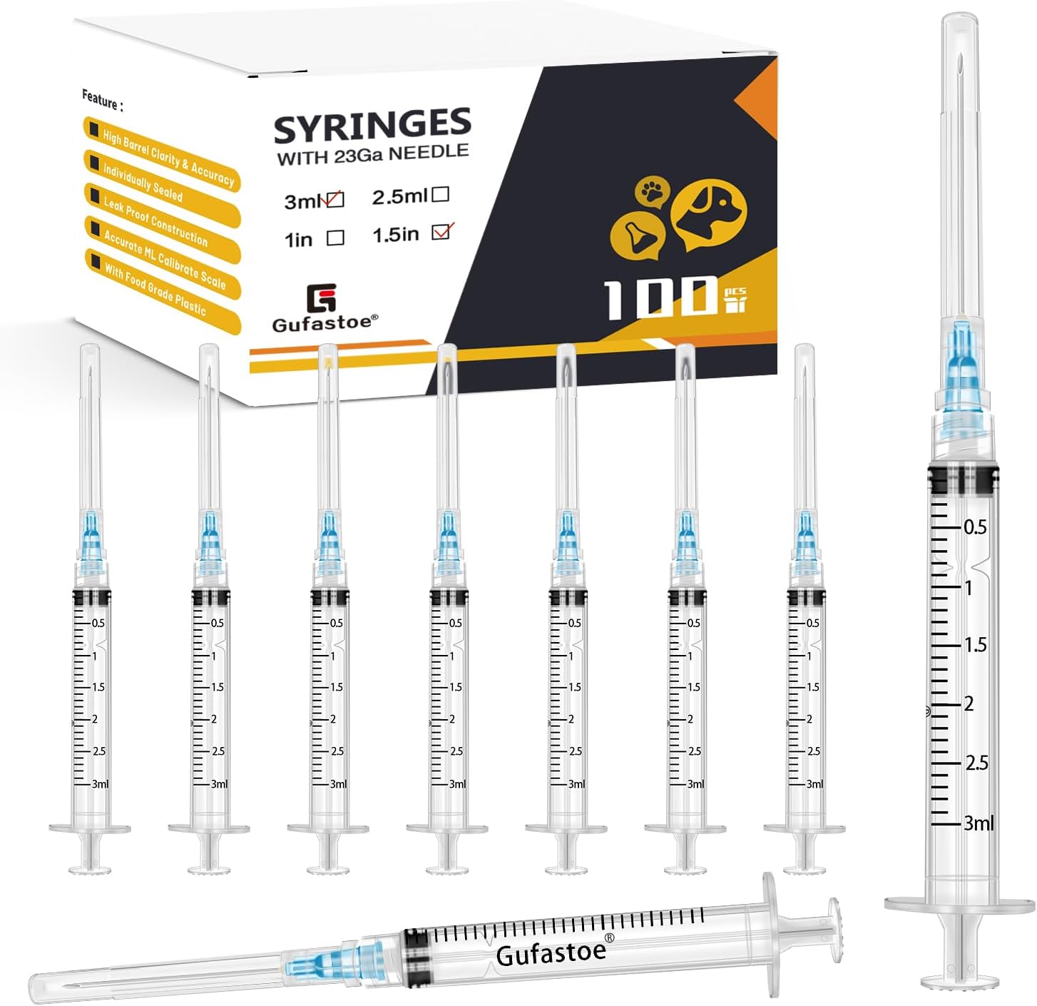100Pack 3ml/cc with 23 G 1.5” Safety Individually Wrapped