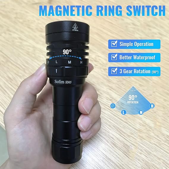 sofirn SD05 Scuba Dive Light 3000 Lumens, Diving Flashlight, 100m Depth | Underwater torch with magnetic ring switch and 4 modes, rechargeable. Aluminum body for scuba, cave and night dives.