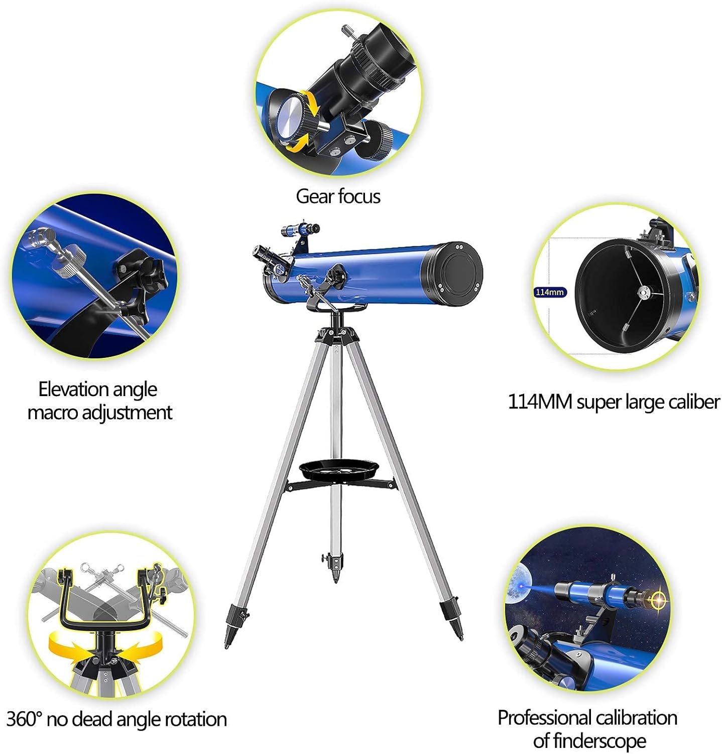 Professional Astronomical Telescope 700/114mm Professional Refractor Telescope Zoom 875X HD Outdoor Monocular Space Telescope with Adjustable Tripod+Finder Scope+3 eyepieces+Moon Filter+1.5X/5X Barlow