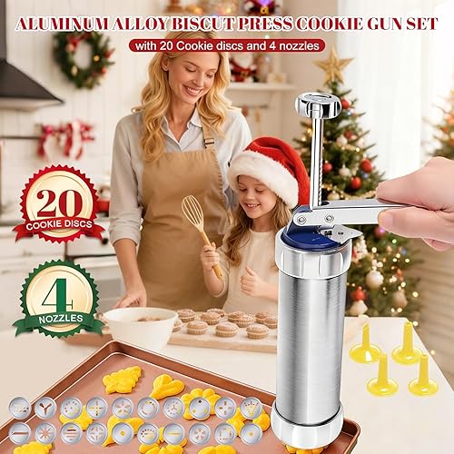 Miniatura 2 de Juego de prensa de galletas mejorado, kit de pistola de prensa de galletas de grado alimenticio con 20 discos y 4 puntas, herramienta de hornear de