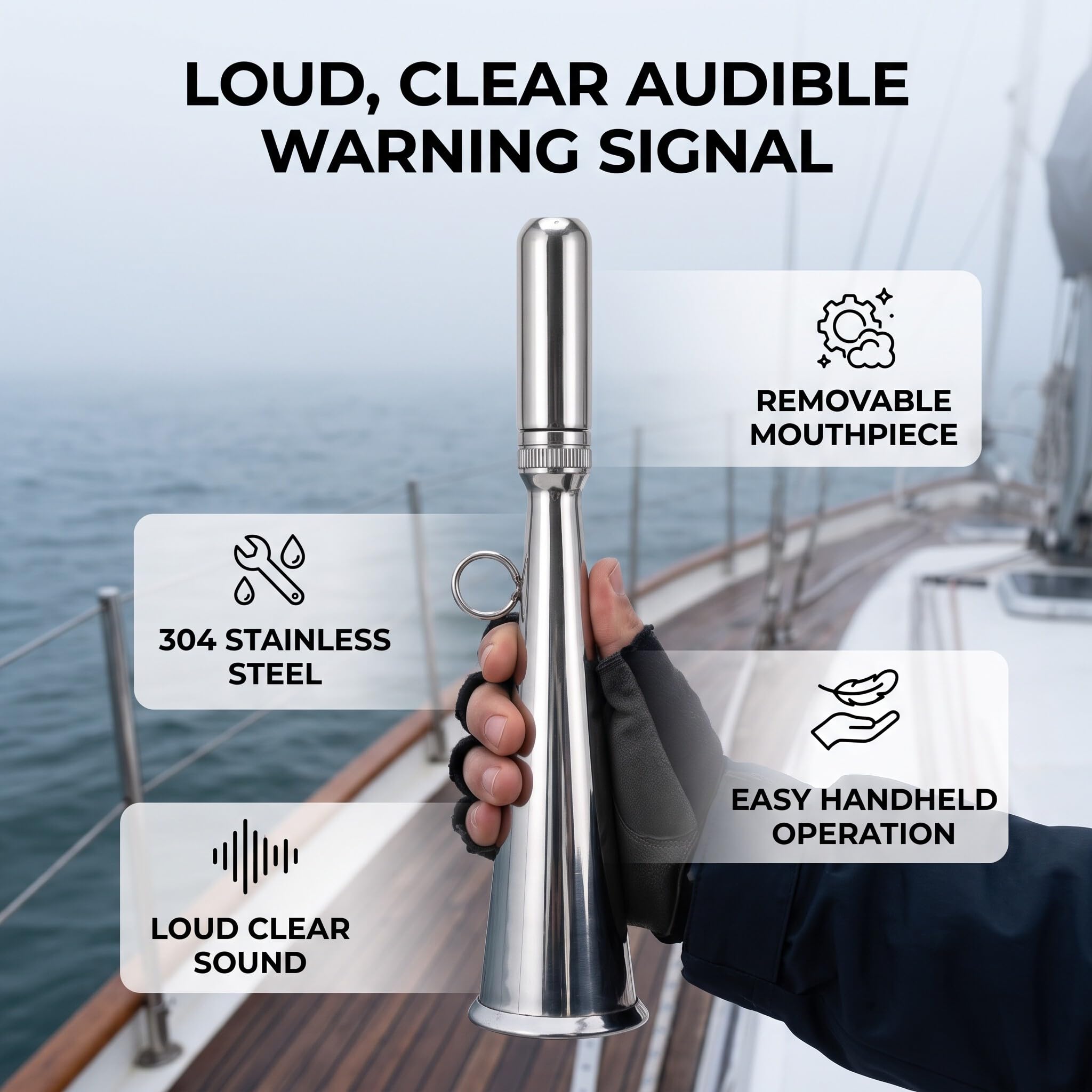 Corne de Brume Portative Manuelle en Acier Inoxydable, 150 dB, Embout Amovible, pour Bateaux, Camions, Trains