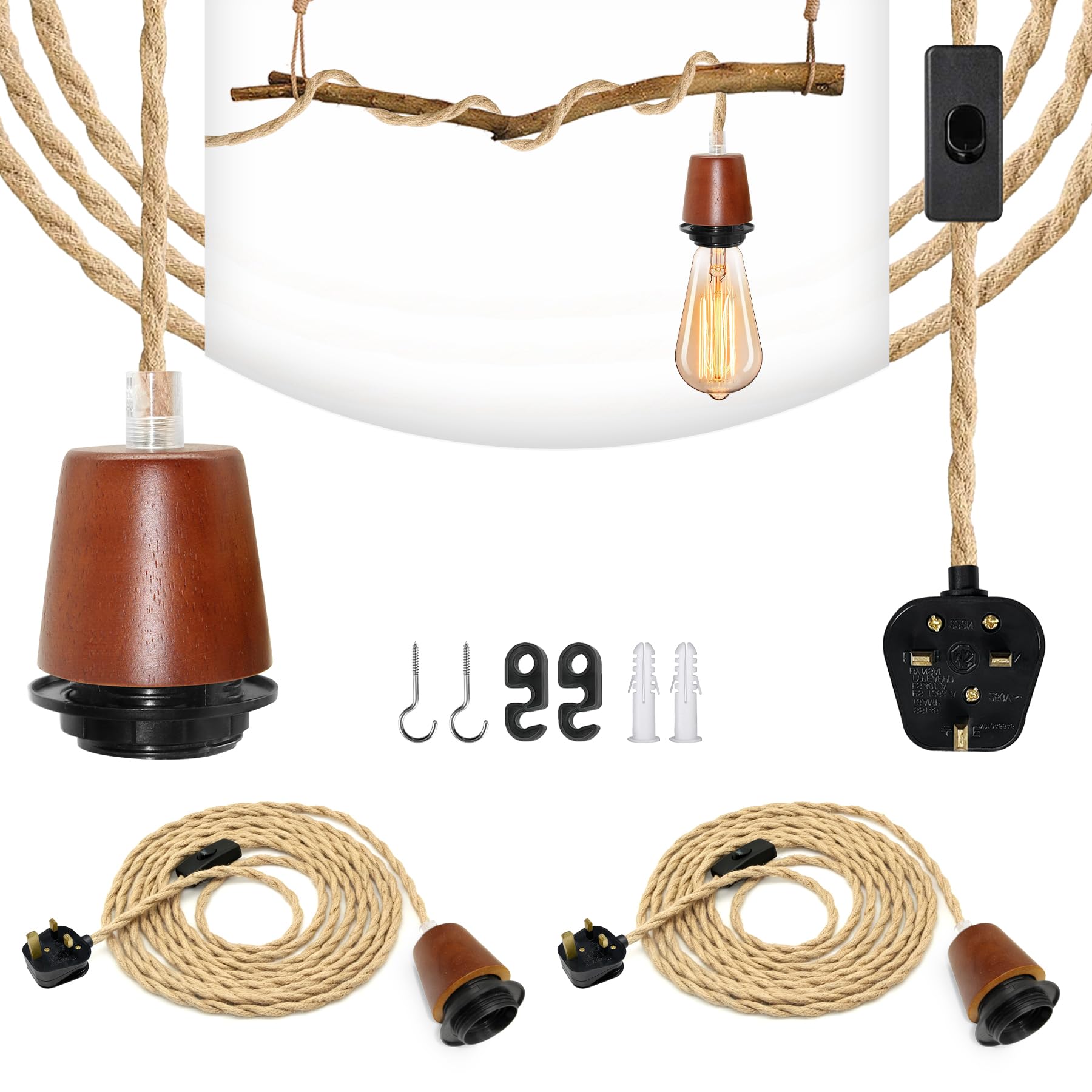 2 Pack Hemp Rope Pendant Light Kit, E27 Vintage Lamp Holder with Plug & On/Off Switch, 5.1m Adjustable Hemp Cord, DIY Plug in Hanging Fixture Lamp Compatible with Lampshade (Bulb Not Included)