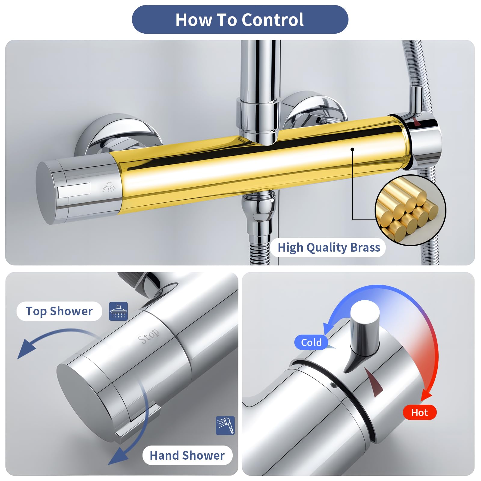 Duschsystem mit Armatur Chrom Runden Duschset ohne Thermostat aus Messing | Duscharmatur Komplettset Höhenverstellbar 80-117cm, Duschamaturenset mit 22 cm Regendusche, 3 Strahlarten Handbrause, 150mm