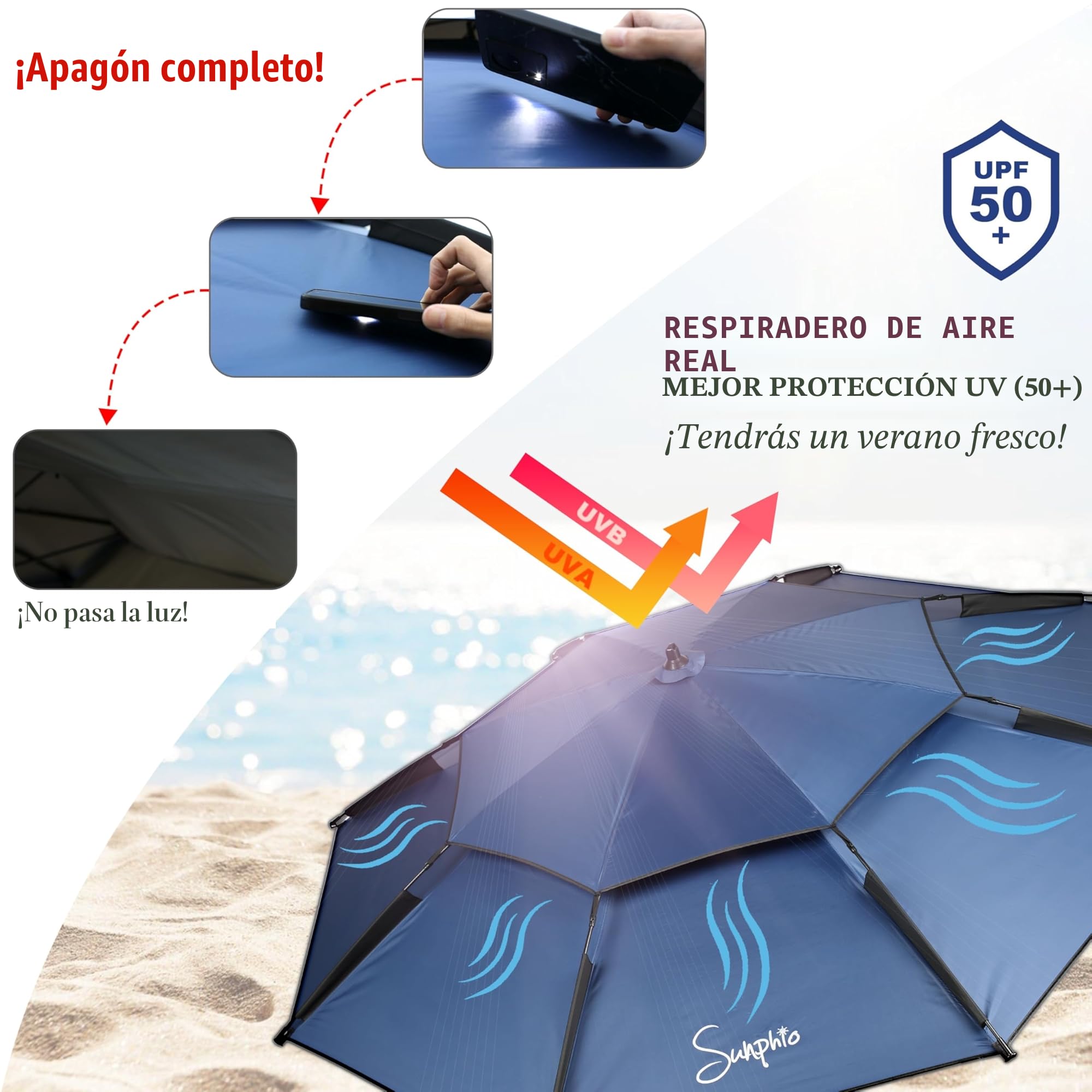 Sunphio Sombrilla Playa Grande Antiviento 220 cm, Proteccion Solar UV 50, Paraguas Playa Resistentes al Viento Reforzada, Pequeña, Fuertes, Ligera y Portátil, Sombrillas Jardín Paravientos
