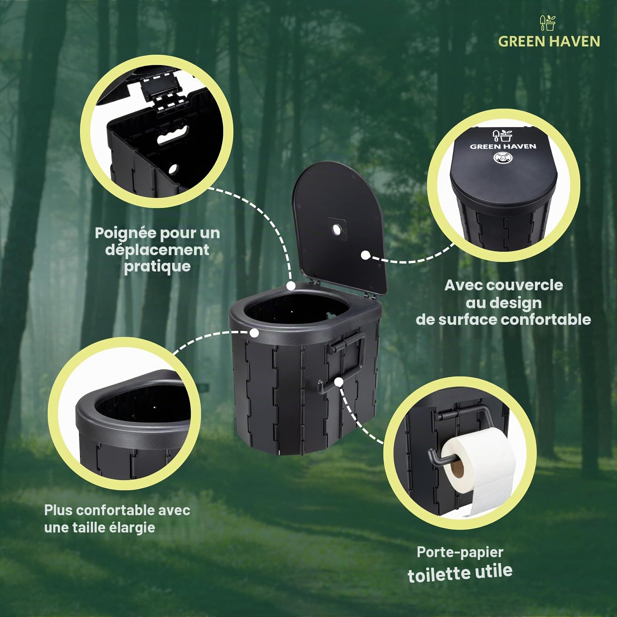 Green Haven toilette portable pliable | wc camping adulte, 12 sacs inclus | SEAU HYGIÉNIQUE COMPACT: pot de chambre · festival · caravane · voyage · résistant · 6 litres · porte-rouleau · randonnée