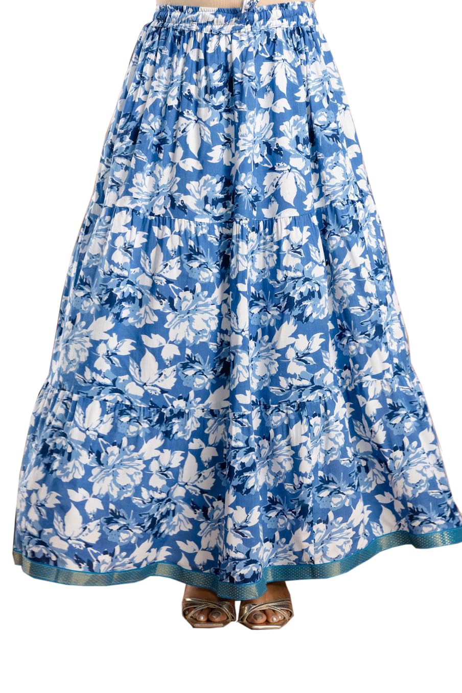 Long Printed Maxi Stylish Morden and Comfortable Cotton Skirt Light Blue-picture-20
